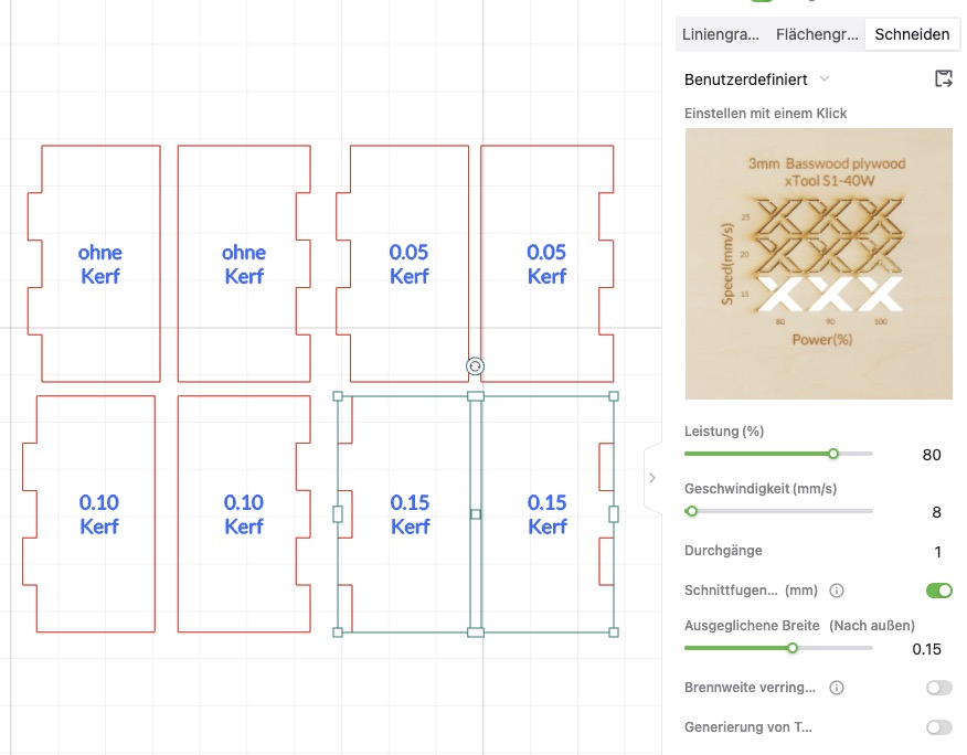 Kerf-Wert bei meinem xTool S1 40 W Laser bei 3 mm Lindensperrholz.